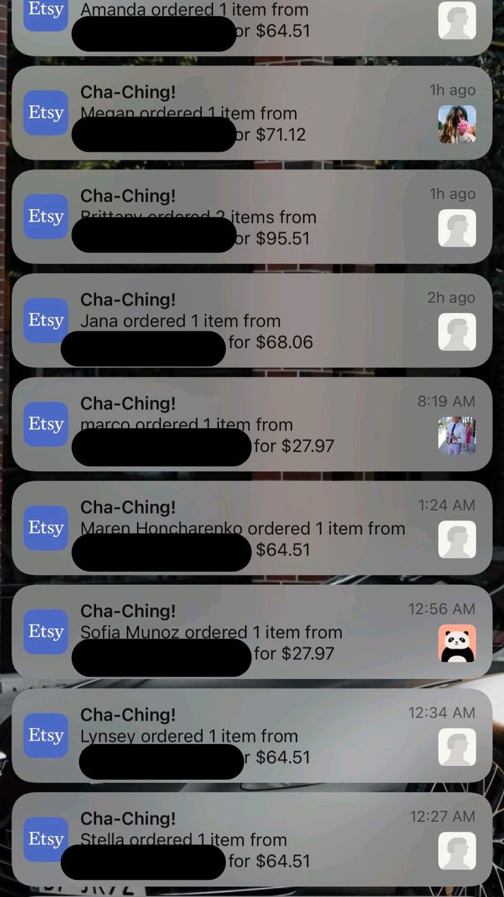 Etsy screenshot with a series of order notifications.