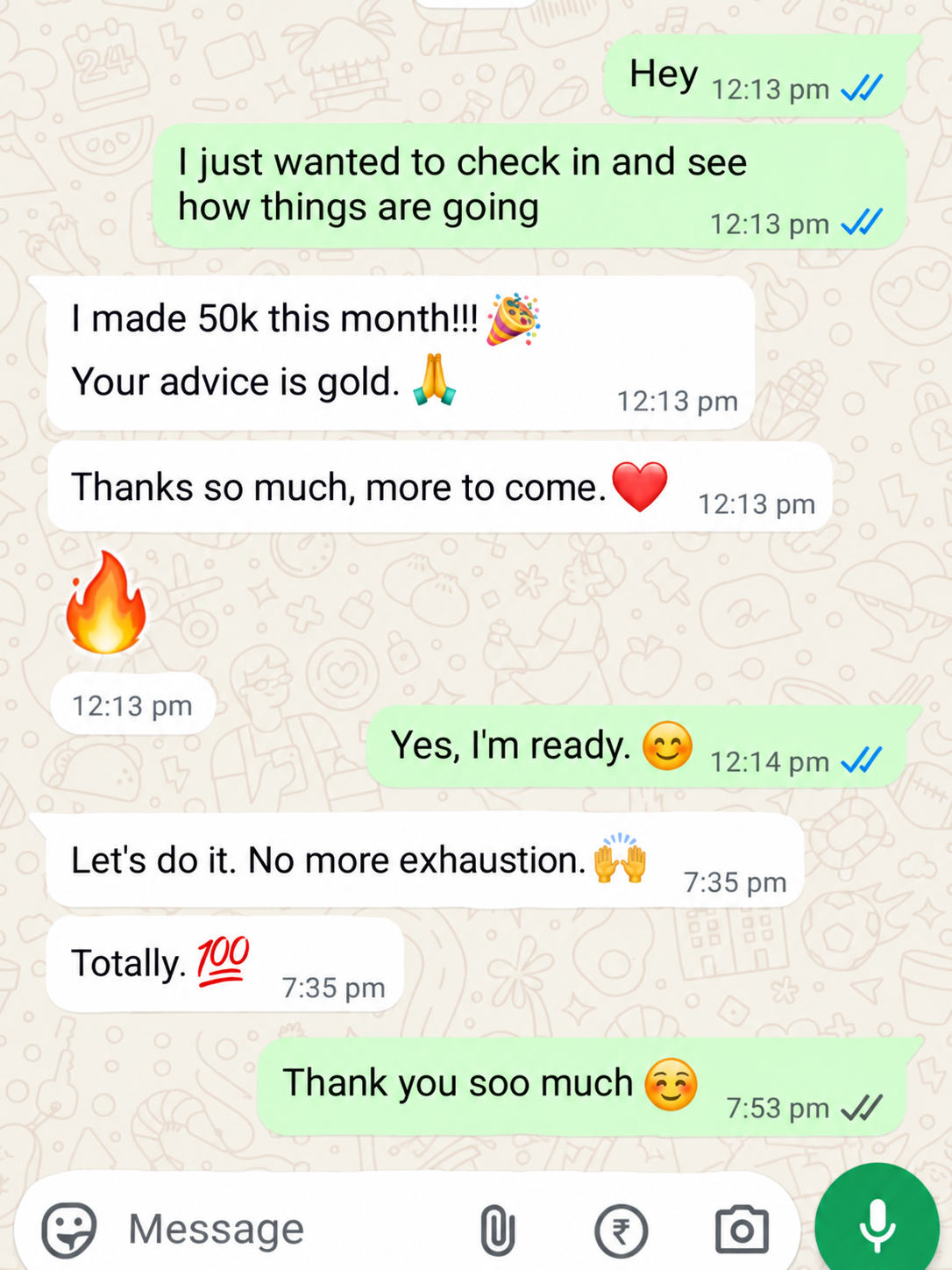 Client message saying they made 50k that month and that Ashley's advice is gold.