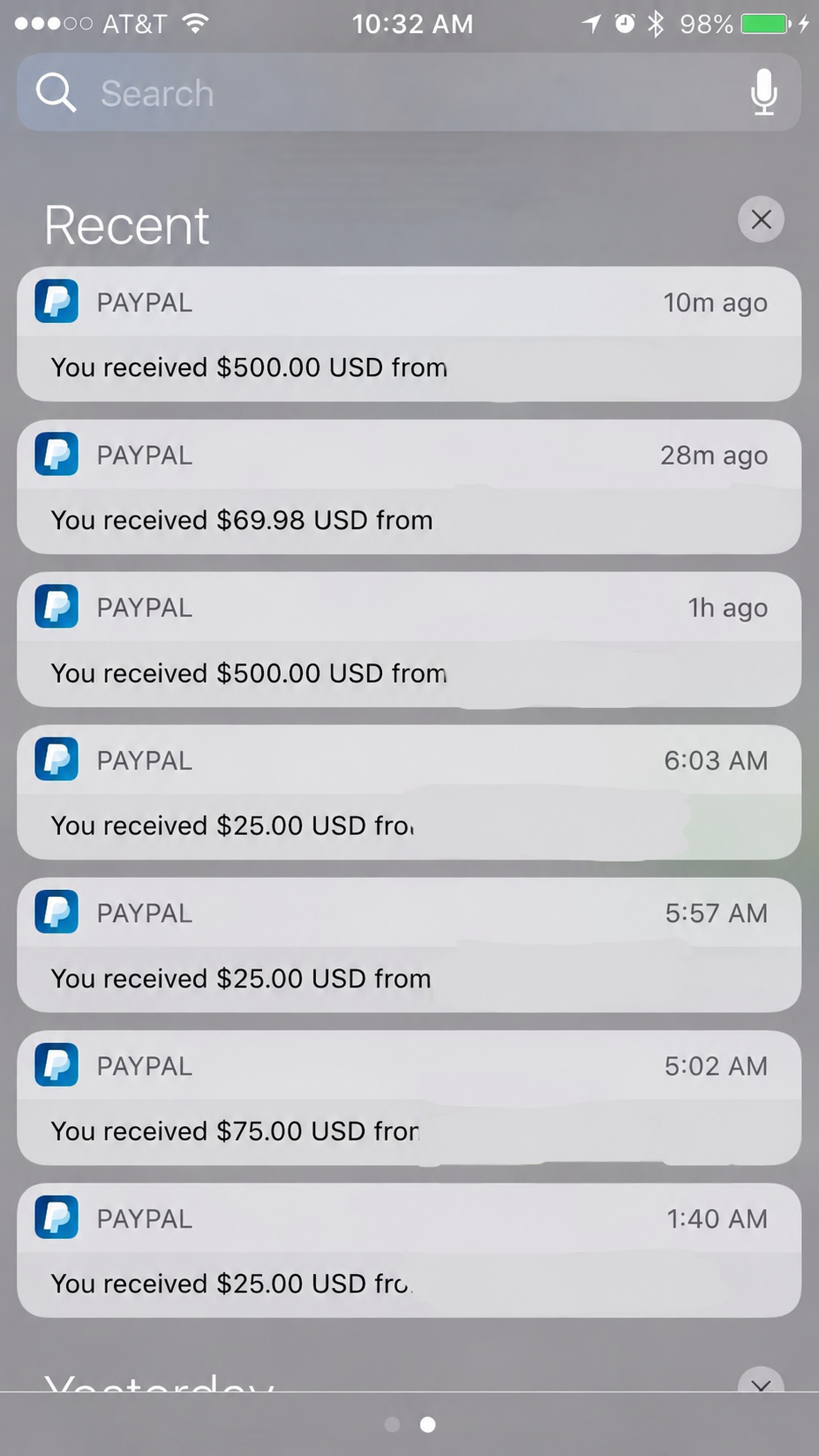 PayPal screenshot with a series of payment notifications.