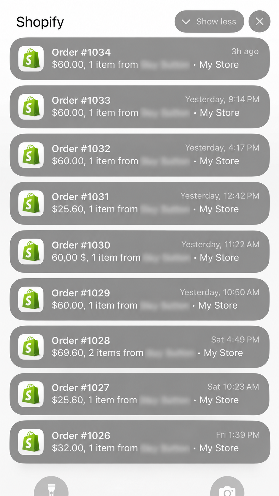 Shopify screenshot with a series of order notifications.