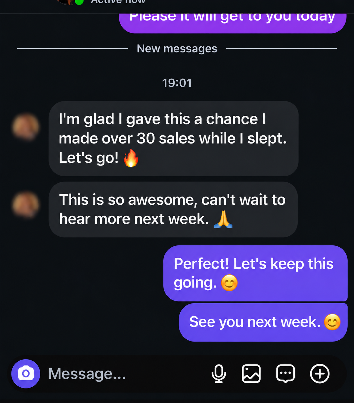 Client message saying they made over 30 sales while they slept.